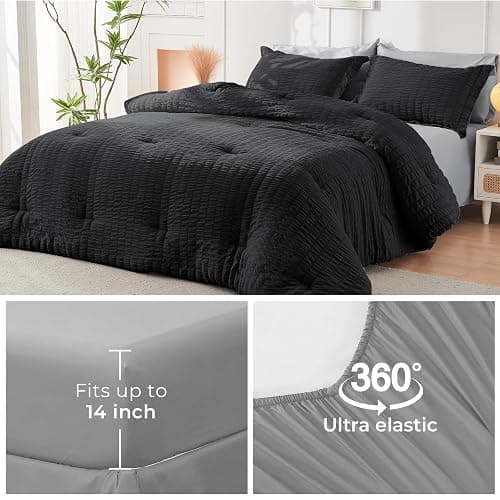 HYMOKEGE Black/Light Grey Queen Comforter Set Seersucker 7 Pieces, All Season Luxury Bed in a Bag for Bedroom, Bedding Set with Comforters, Sheets, Pillowcases & Shams thumbnail 6