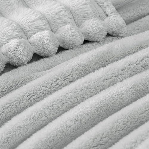 Exclusivo Mezcla Fleece Throw Blanket for Couch, Super Soft Striped Jacquard Bed Blanket, Lightweight Fuzzy Cozy for All Seasons, 50x60 Inches, Light Grey thumbnail 4