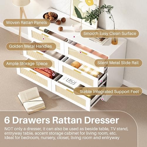 Redlife White Rattan Dresser for Bedroom, 6 Drawer Dresser with Golden Handles, Wood Storage Chest of Drawers for Closet, Living Room, Hallway and Entryway - Easy Assembly thumbnail 5
