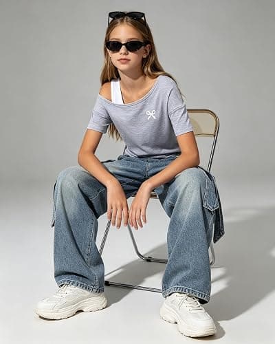 Kxuryueo Teen Girl Clothes One Shoulder Top and Wide Leg Stretch Jeans 2 Piece Casual Outfits Size 7-16 thumbnail 4