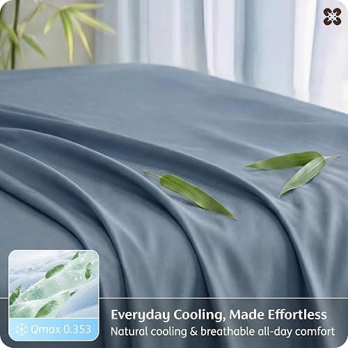 Bedsure PureWoven 100% Rayon Derived from Bamboo, Full Size Sheets, 4 PCS | Cooling Sheets for Hot Sleepers, Breathable & Silky Soft, 16" Deep Pocket, Hotel Luxury Bedding, Dusty Blue thumbnail 4