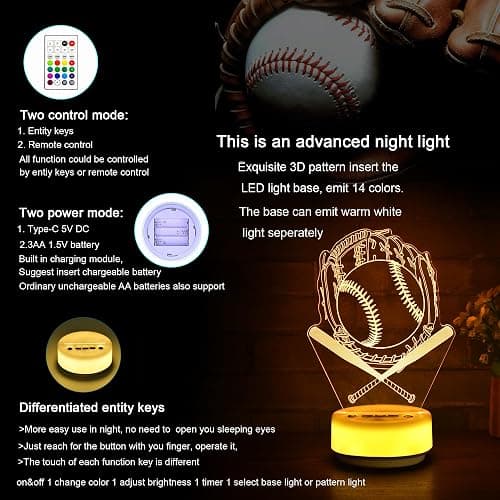 KYMELLIE Baseball Gifts Night Light for Kids-Sports Baseballs Decor Bedside Lamp for Baseball Fan, 14 Color with Remote Control/Buttons + Timer + Dim Function, Birthday Holiday Gift for Boys & Girls thumbnail 6