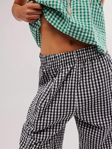 YKR Plaid Pants for Women Gingham Lounge Wide Leg Low Waist Pajama Pants Elastic Waist Trousers with Pocket thumbnail 2