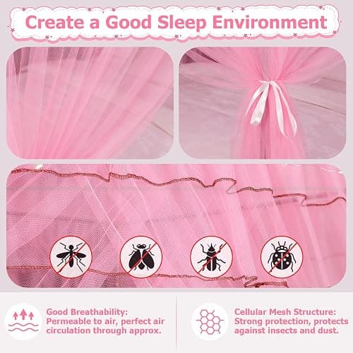 Twin Size Bed Canopy with Lights, Bed Canopy for Girls Princess with Luminous Stars, Canopy Bed Curtains for Twin Bed Kids Indoor Decor Bedroom, 4 Corner Post Bunk Bed for Student Dormitory, Pink thumbnail 3