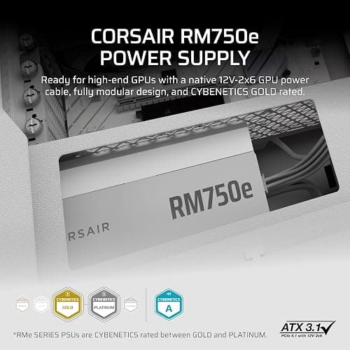CORSAIR RM750e ATX 3.1 PCIe 5.1 Ready Fully Modular 750W Power Supply – 12V-2x6 Cable Included, Cybenetics Gold Efficiency, 105°C-Rated Capacitors, Modern Standby Mode – White thumbnail 2