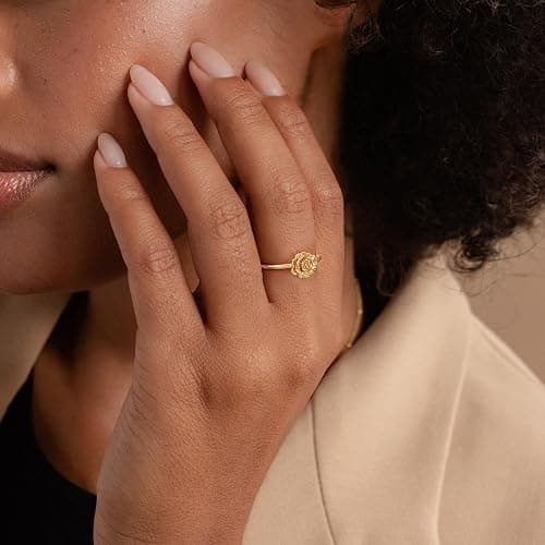 LADYGD Birth Flower Stacking Ring for Women | 14K Gold Plated Brass, 12 Engraved Floral Motifs, Slim Stack-Ready Band, Available in US Sizes 5-9 thumbnail 2