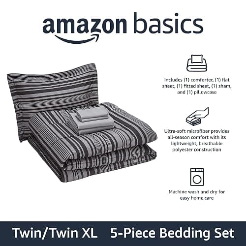 Amazon Basics 5-Piece Lightweight Microfiber Comforter Set with Sheets, Bed-in-a-Bag, Gray Calvin Striped Bedding, Twin/Twin XL thumbnail 2