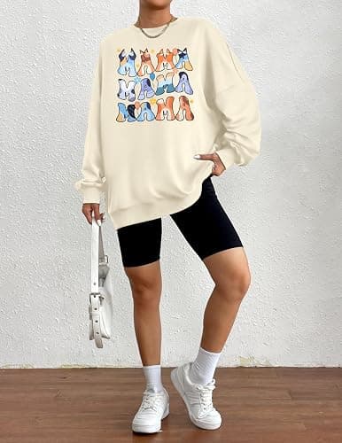 MOUSYA Oversized Mama Sweatshirt Woman Mama Letter Print Pullover Tops Trendy shirt Casual Crewneck Loose Sweatshirts thumbnail 4