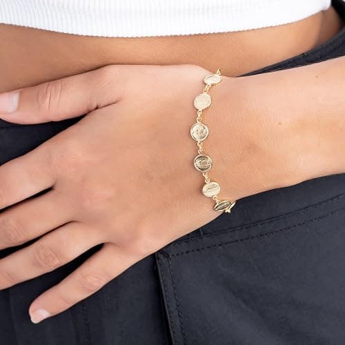 Barzel 18K Gold Plated Virgin Mary Coin Bracelet, 7.5 Inches, Waterproof, High Polish Finish, Tarnish Free thumbnail 2