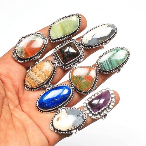 Carats Chunky Silver Rings Pack for Women - 10 Pcs - Stackable Fashion Ring Set, Silver Plated Statement Knuckle Handmade Gemstone Gothic Vintage Rings for Women thumbnail 2