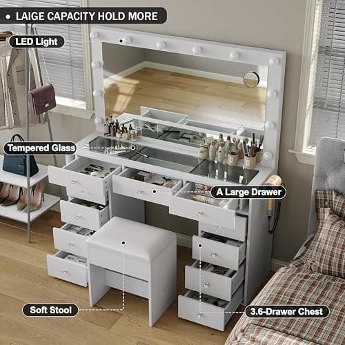 Vanity Desk with Mirror, Makeup Table with Power Outlet and 11 Lights, Set 3 Lighting Modes Brightness Adjustable, Vanity Table with 11 Drawers and Cushioned Stool for Bedroom, Dressing Room (White) thumbnail 3