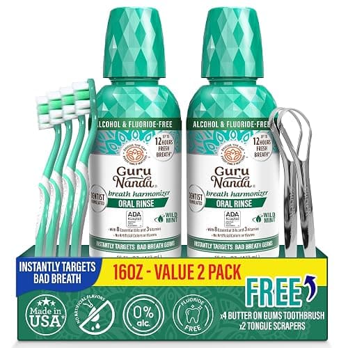 GuruNanda Fresh Breath Mouthwash, ADA-Accepted, Alcohol & Fluoride-Free, Sodium Chlorite, Essential Oils & Vitamins, 12-Hrs Fresh Breath, Wild Mint, 16 oz - 2 Pack - Image 1
