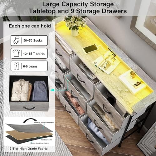EXOTICA Dresser with Charge Station 9 Drawers Dresser for Bedroom with LED Lights Tall Wide Fabric Dressers & Chests of Drawers for Closet Hallway Entryway Sturdy Steel Frame Wood Top thumbnail 5