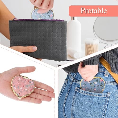 YUXIANLB 2 Pcs Compact Mirror for Purse, Vintage Double-Sided Flower Makeup Mirrors Portable Trave Cosmetic Mirror for Women Girls, Heart Folding Mini Handheld Mirror for Pocket (Pink, Blue) - Pink, Blue thumbnail 6