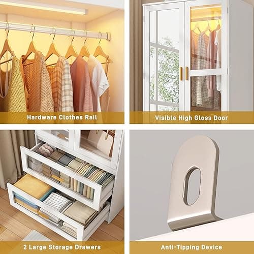 6 Doors Armoire Wardrobe Closet with LED and Mirror,71" H Freestanding Wooden Wardrobe Closet Cabinet for Bedroom w 2 Drawers,Wooden Clothing Storage Cabinet w Hanging Rod,Closets for Bedroom(White) thumbnail 8