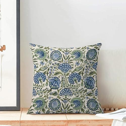 Boho Blue Pillow Covers 18x18 Inch Set of 2 Vintage Navy Blue Sage Green Floral Decor Throw Pillows Spring Summer Seasonal Flower Pillowcases Linen Outdoor Decoration Cushion Covers for Couch Sofa thumbnail 2