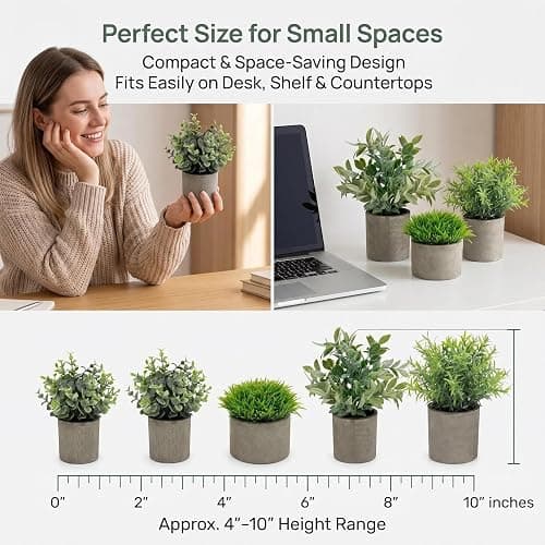 AUUGUU Artificial Potted Plants Faux Greenery in Cement Pots for Shelf, Bookshelf, Office or Home Decor, Small Decorative Fake Plants for Modern Indoor Display thumbnail 4