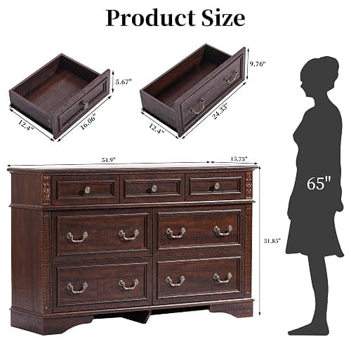 3 Pieces Farmhouse Dresser Nightstand Sets Chest of Drawers for Bedroom | 7-Drawer 55" W Dresser & 3-Drawer Nightstand Sets Rustic Wood Bedroom Furniture Set for Home Hallway Dark Brown thumbnail 2