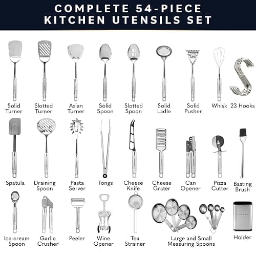 Home Hero 54-Piece Stainless Steel Kitchen Utensils Set - Heat-Resistant Nonstick Silicone & Stainless Steel Cooking Utensils - Complete Tools with Slotted Spoon & Pasta Spoon - Pack of 54, Silver thumbnail 2