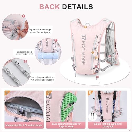 BECOJADDE Running Vest Hydration Backpack for Men Women, 5L Lightweight Running Backpack Hydration Pack for Marathon, Trail, Cycling, Hiking, Jogging thumbnail 3