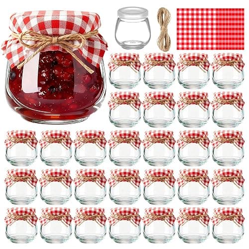 LemonRoad 30 Mini Yogurt Jars 3.4 oz Glass Bottles with Plastic Lids for Jam, Honey, Wedding Favors, Birthday Party Decor Mason Jar with Checkered Cloth and Rope (Circle,Red,White) - Image 1