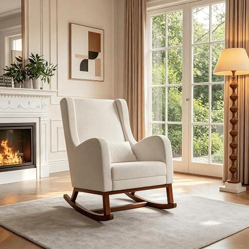 HYNHXBP Fauteuil à Bascule, avec accoudoirs et Poches latérales, Chaise d'allaitement Ergonomique avec Coussins, Structure en Bois Massif, Chaise Longue pour Salon ou Chambre (Beige + Velours Givré) thumbnail 3