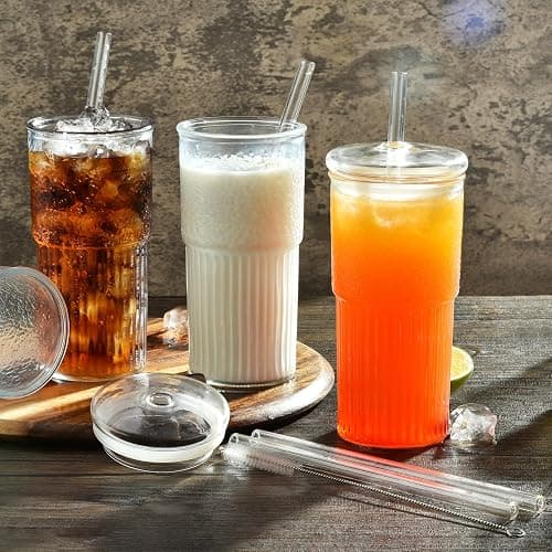 ALINK Glass Cups with Lids and Straws, 22 oz High Borosilicate Clear Iced Coffee Glass Tumblers, Drinking Glass Smoothie Tea Water Cups, Pack of 2 with Cleaning Brush thumbnail 2