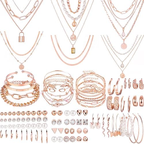 NEWITIN 69 Pieces Gold Jewelry Set for Women Fashion Costume Jewelry Gold Plated Necklace Bracelet Earrings Set for Women - Image 1