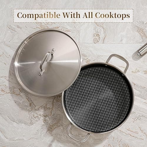 DELARLO Tri-Ply Stainless Steel Braiser Pan with Lid 5 Quart Nonstick Induction Rondeau Cooking Pot 12inch Deep Frying Pan Large Saute Pan Heavy Duty,Dishwasher and Oven Safe to 550℉ thumbnail 8