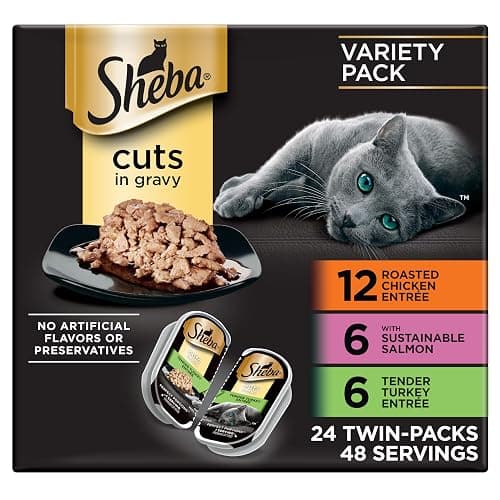 Sheba Perfect Portions Wet Cat Food Cuts in Gravy, Roasted Chicken Entree, with Sustainable Salmon, Tender Turkey Entree, 2.6 oz. Twin-Pack Trays (24 Count, 48 Servings) - Image 1