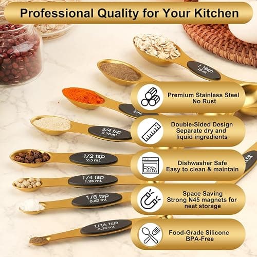 Gold Magnetic Measuring Spoons Set Stainless Steel with Leveler, Dual-Sided Stackable Metal Measuring Spoons for Baking & Cooking, Fits in Spice Jars, Heavy Duty Kitchen Gadgets, 8 Spoons & 1 Leveler thumbnail 5