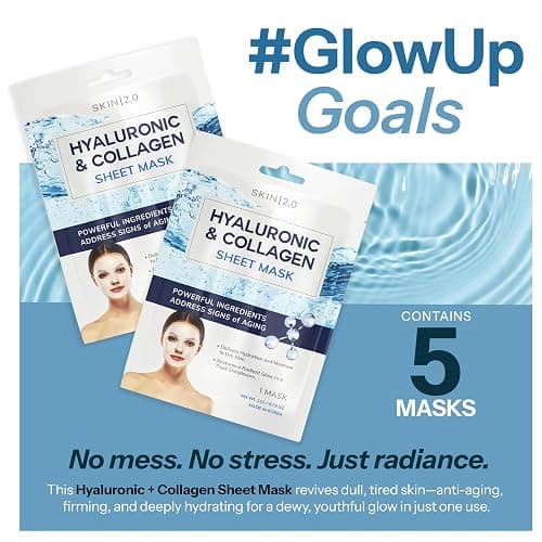 Skin 2.0 Hyaluronic Acid & Collagen Sheet Mask - Hydrating, Anti-Aging, Firming - Dermatologist Tested Korean Skincare - Clean Beauty, Natural Ingredients, Cruelty-Free, All Skin Types - Pack of 5 thumbnail 3