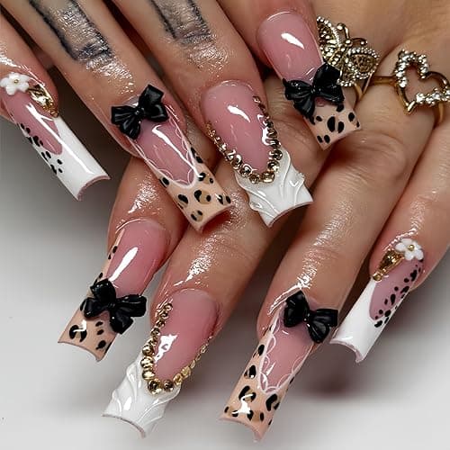 24Pcs Leopard Print French Tip Press on Nails Long Square Fake Nails 3D Rhinestone Black Bow Design False Nails Full Cover Artificial Acrylic Stick on Nails White French Tips Glue On Nails for Women - Image 1