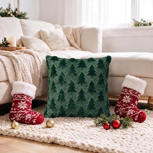 AVOIN colorlife Christmas Tree Green Throw Pillow Covers 18x18 Inch 2PC | Gold Border Christmas Tree Festivals Winter Soft Plush Faux Fur Cushion Case Decoration for Sofa Couch Set of 2 thumbnail 3