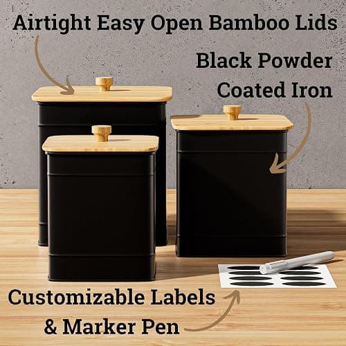 Kitchen Canisters for Countertop Set of 3 with Customizable Chalkboard Labels & Marker Pen - Big Iron Kitchen Canisters with Airtight Lids - Black Canister Set - Flour and Sugar Containers Farmhouse thumbnail 3