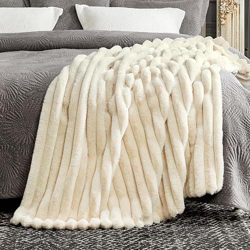 Cozy Bliss Faux Fur Throw Blanket for Couch, Cozy Warm Plush Striped Blanket for Sofa Bedroom Living Room,50 * 60 Inches Beige - Beige - Throw(50" x 60") thumbnail 6