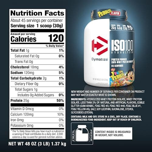 Dymatize x Fruity Pebbles ISO100 Whey Protein Powder Isolate, 25g of Protein, 5.5g BCAAs, 120 Cal., Gluten Free, 1g Fat, 1g Sugar, 2g Carb (45 Servings) thumbnail 2