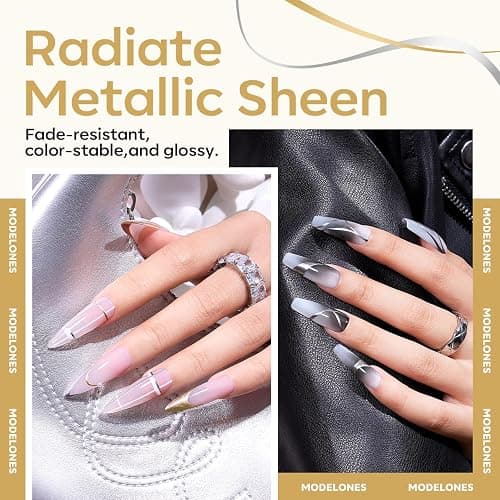 modelones Metallic Gold Silver Gel Liner Nail Polish 2 Pcs Chrome Mirror 3D Effect Nail Art Polish Bronze Thin Brush For Swirl Soak Off French Tip DIY Salon Nail Glue Manicure Gift For Women Girls thumbnail 2