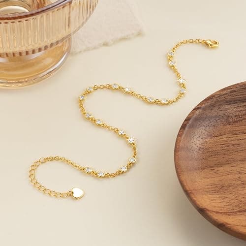 BYBAIZ 14K Gold Anklets for Women Gold Ankle Bracelets for Womens Anklets Ankle Bracelets for Women Evenly Spaced Cubic Zirconia with Delicate Brilliance Anklet Bracelet for Womens thumbnail 6