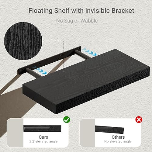 Vivelove Black Bathroom Shelves Over Toilet, 16" Floating Shelves, Wall Shelf for Bathroom Bedroom, Living Room, Kitchen, Office Home Decor, Narrow Shelves with Invisible Brackets Set of 2 thumbnail 4