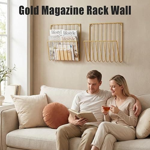 Pipigaty 2-Pack Wall Magazine Rack, Gold Metal Mail and File Organizer | Durable gold metal rack holds magazines and mail while adding a modern accent to offices, bathrooms and living rooms thumbnail 5