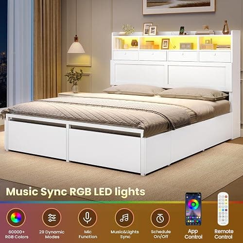 AOGLLATI Full Size Bed Frame with Storage Headboard and 6 Drawers, Wood Full Size Bed Frame with 4 Fabric Drawers and Hidden Storage, Charging Station and LED Lights, No Box Spring Needed, White thumbnail 6