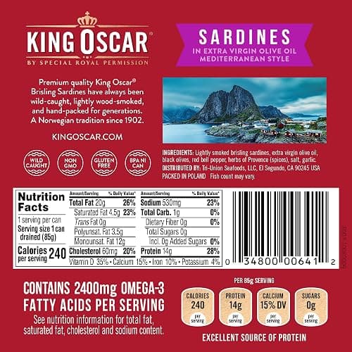 King Oscar Premium Sardines in Extra Virgin Olive Oil, Mediterranean Style, 3.75 Ounce Cans (Pack of 12), Wild Caught Sardines thumbnail 2