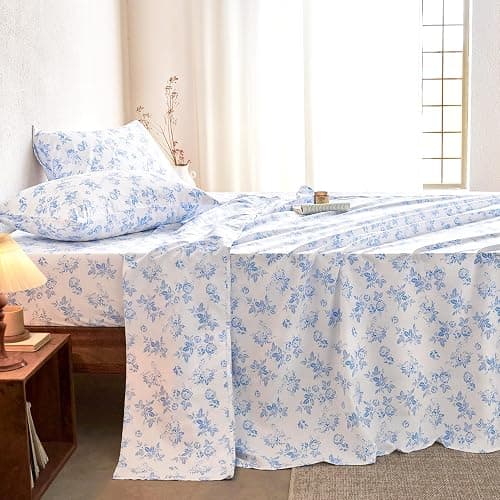 Wake In Cloud - Shabby Chic Bed Sheets, 4-Piece Sheet Set, Floral Botanical Coquette Cottagecore Vintage Flower, Soft Microfiber Deep Pocket Bedding, Light Blue, Queen Size thumbnail 3