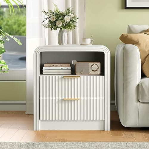 Decofy Fluted Nightstand with Charging Station, 19.7'' Wide Morden End Table with USB/Type-C Ports, 2 Drawers & Open Shelf, Curved Profile Design, Wood Bedside Table for Bedroom (White) thumbnail 6