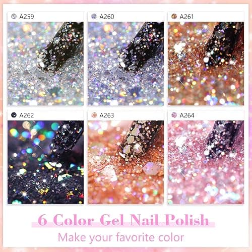 Shining She Vernis Semi Permanent Paillettes, 6 Couleurs Paillettes Blanc Argenté Noir Or Rose Vernis à Ongles Gel Soak Off UV/LED Semi-permanent Manucure Kit Pour Salon De Manucure DIY Home, 8ml - Paillettes thumbnail 2