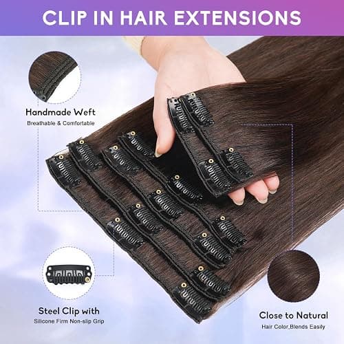 ZNXDJXE Dark Brown Clip in Hair Extensions Real Human Hair Invisible Seamless Remy Human Hair Clip in Extensions for Women 18 Inch 100g, 8pcs Per Set with Double Weft thumbnail 3