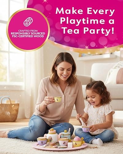 Disney Princess Wooden Tea Set – Pretend Play Tea Party Toy for Kids – Includes Teapot, Cups, Saucers, Spoons & Tray – Imaginative Role Play Set for Girls & Boys – Ages 3+, Pink thumbnail 2