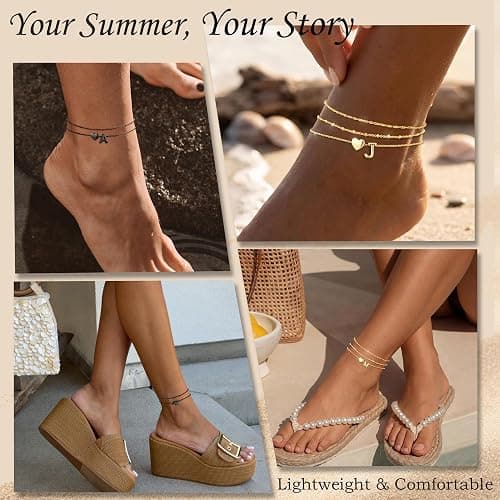 Semoya 2/3PCS Heart Initial Ankle Bracelets for Women Waterproof,Dainty Gold/Black Layered Anklets for Women Non Tarnish Set Summer Beach Jewelry Gift for Vacation Bikini Outfits thumbnail 6