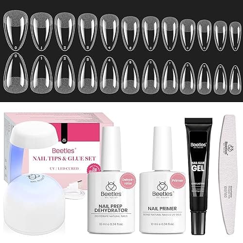 Beetles Gel Nail Kit Short Almond, with Dehydrator and Primer, 576Pcs Half Matte Etch-X Gel Nail Tips Solid Nail Glue Mini Lamp Acrylic Tips Easy DIY Extension Set Gift for Women - Image 1